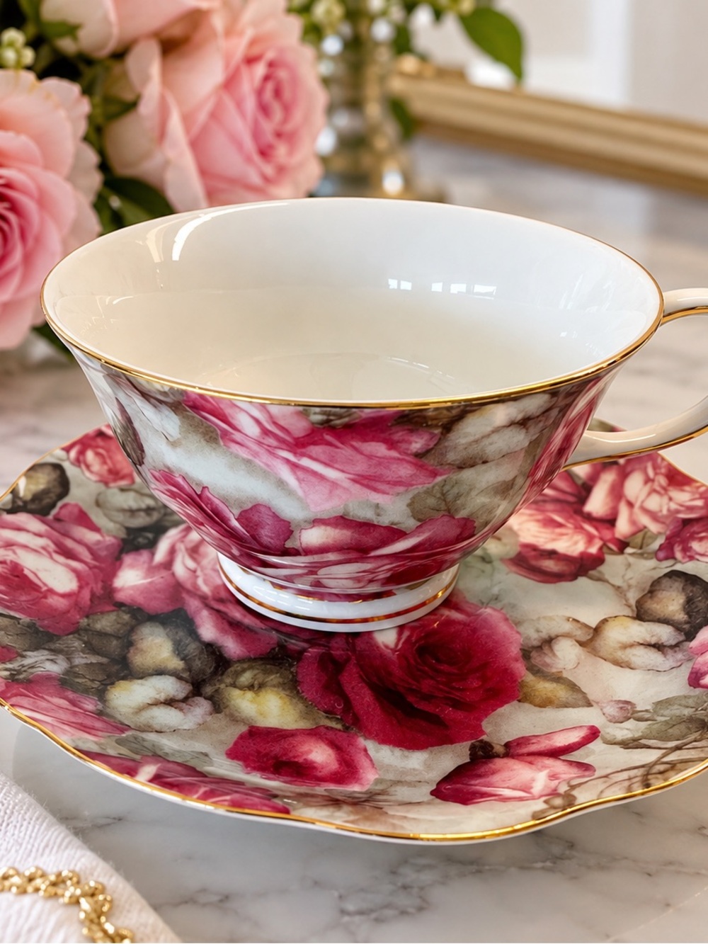 Grace’s Teaware Floral Rose Teacup & Saucer Set Gold Trim Scalloped 6oz